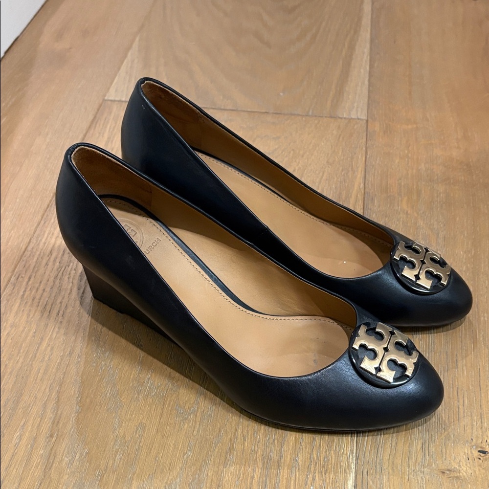 Tory Burch Black Leather Wedges